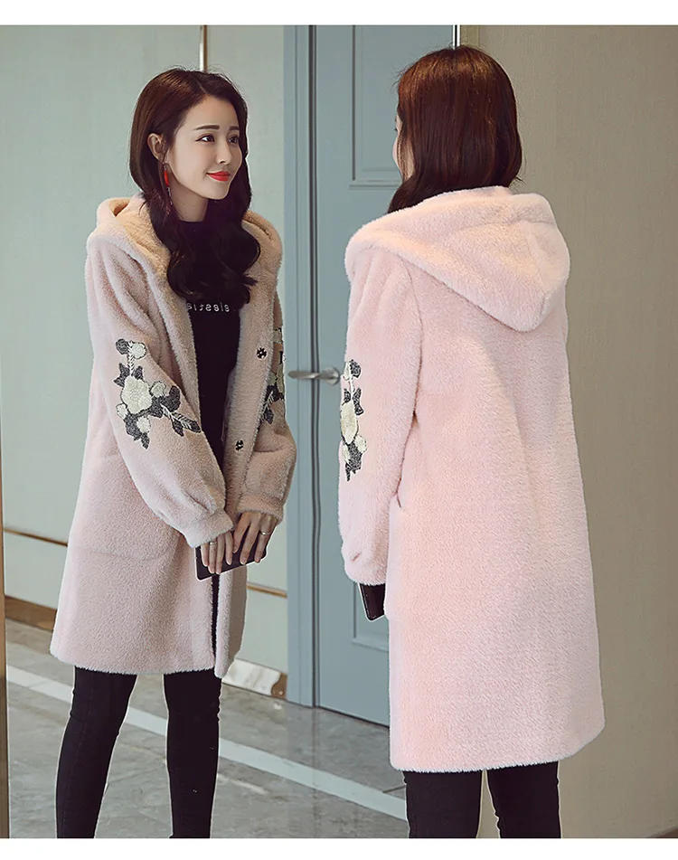 Imitation Mink Velvet Coat Women's Mid-length Autumn And Winter New Style Korean-style Embroidery Knitted Cardigan Hooded T