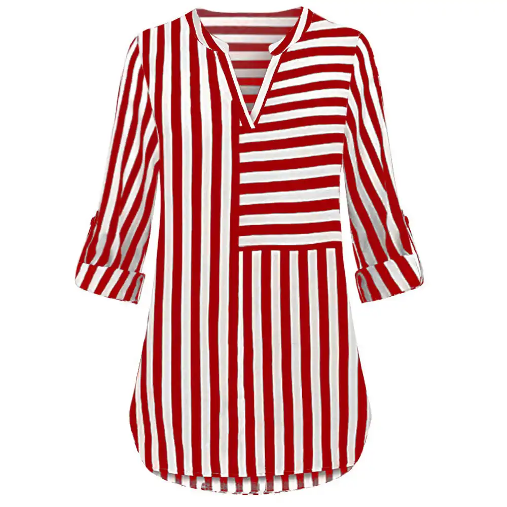 blouse women chiffon split v neck cuffed sleeve striped tops
