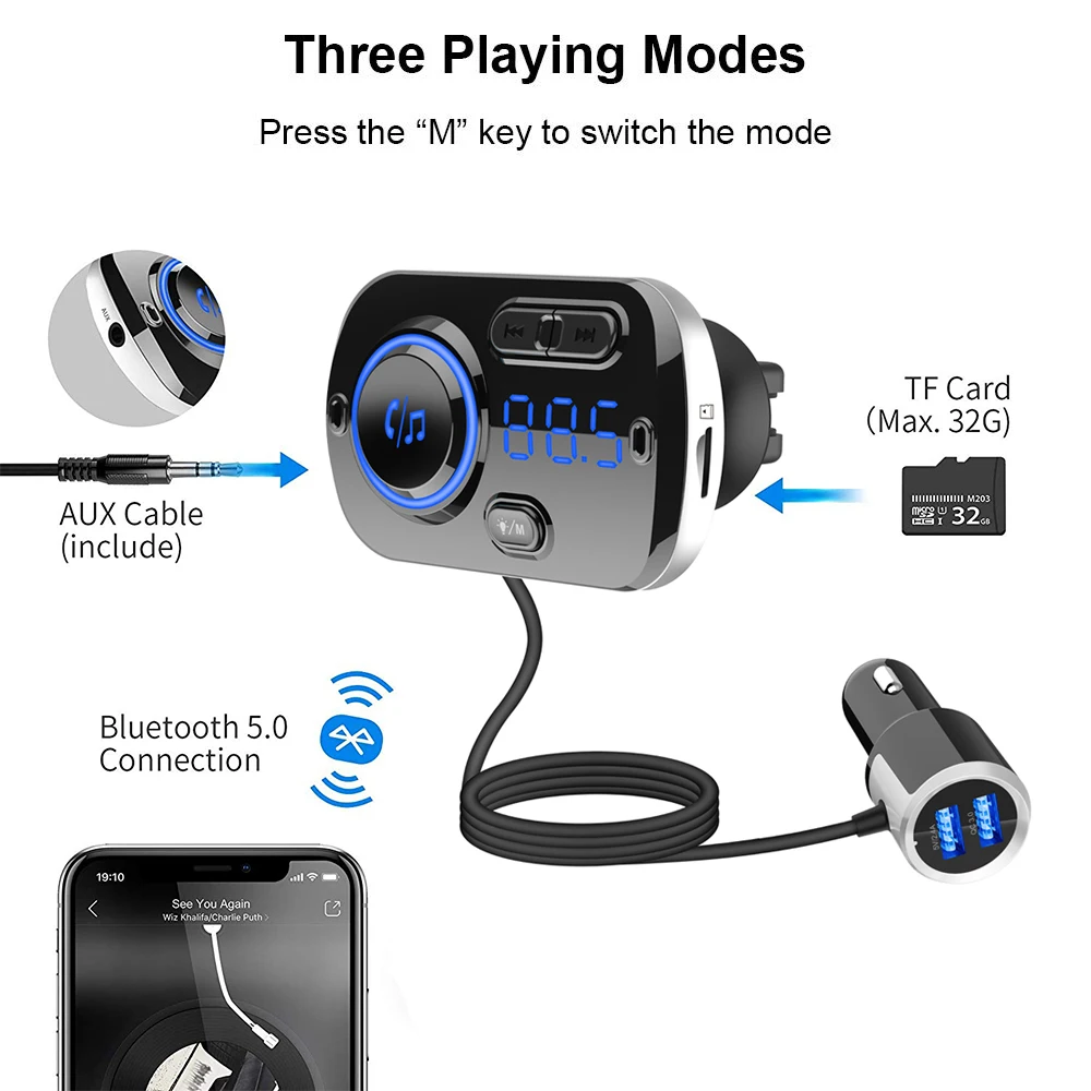 Bluetooth автомобильное зарядное устройство BC49BQ беспроводной автомобильный комплект Bluetooth MP3-плеер громкой связи автомобильный комплект поддержка 2 мобильных телефонов подключение