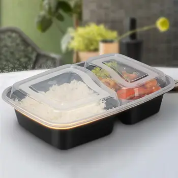 20pcs 1000ml Disposable Meal Prep Containers 2-Compartment Food Storage Box Microwave Safe Lunch Boxes (Black, With Lid)