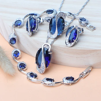

925 Silver Blue Zirconia Costume Bridal Jewelry Sets Rings Earrings Charms Bracelets Pendant Wedding Necklace Set For Women