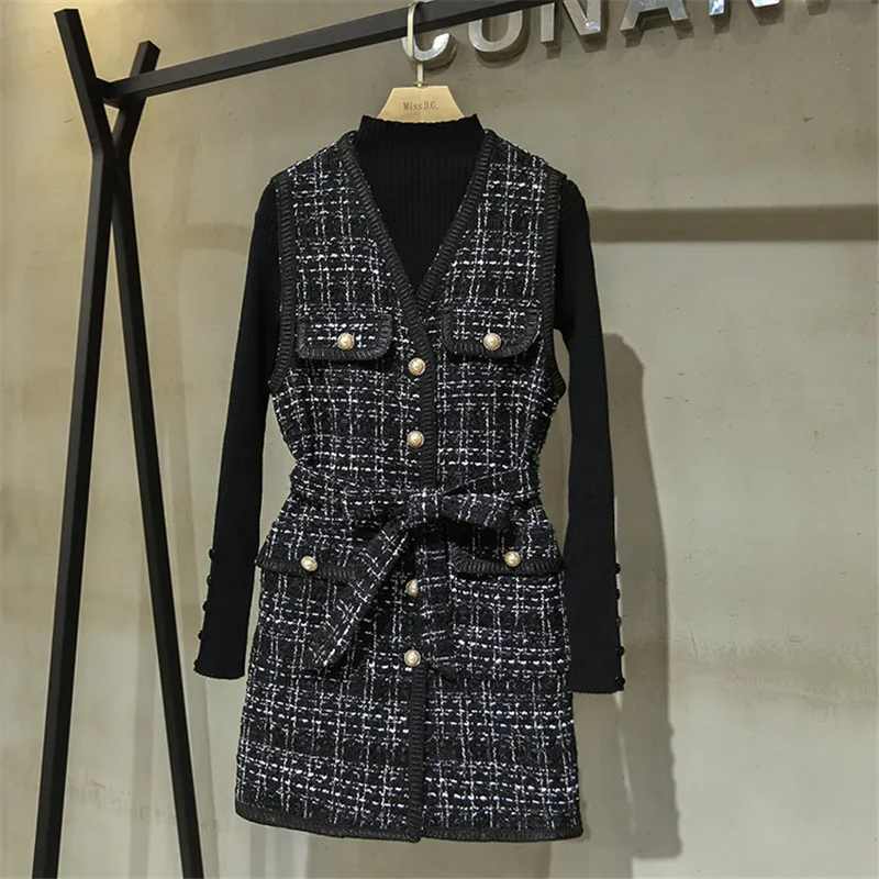 Роскошный дизайнерский бренд Runway комплект из 2 предметов для женщин Causel V шеи твидовый жилет платье и водолазка вязаный Топ комплект из 2 предметов