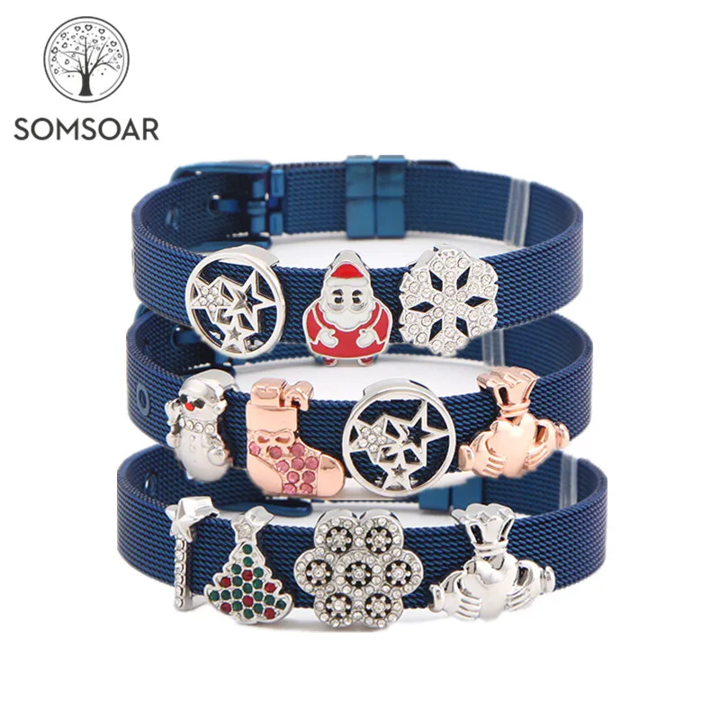 

Somsoar Jewelry Xmas Slide Charm Bracelet Stainless Steel Blue Mesh Bracelet Bangles as Christmas's Day Gift