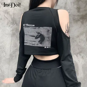 

InsDoit Punk Harajuku Sexy Crop Hoodies Gothic Letter Print Hollow Out Long Sleeve Hoodies Women Streetwear Grunge Autumn Tops