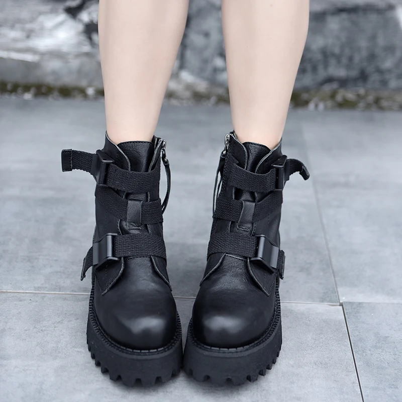 Artmu Original Thick Bottom Ankle Boots Belt Buckle Martin Boots Platform Wedge Heel Women Boots Genuine Leather Handmade Boots