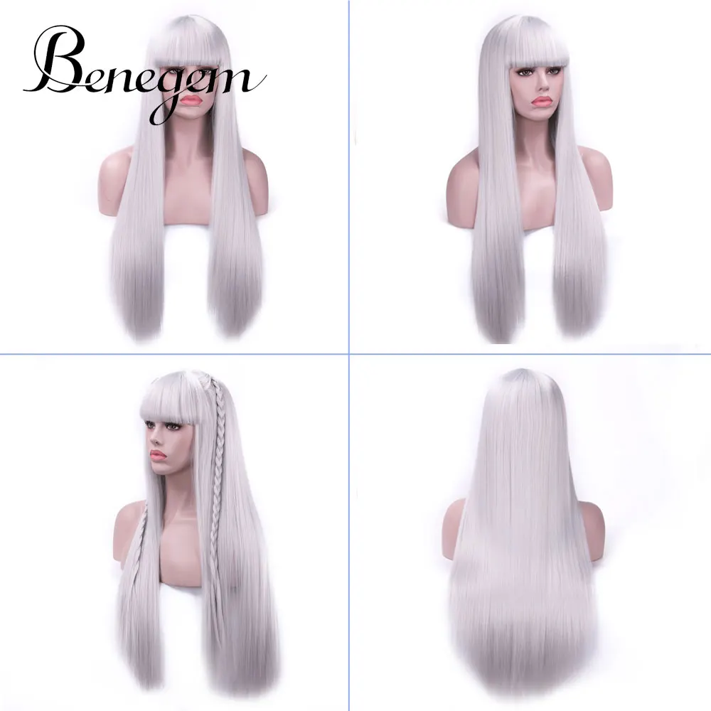 Benegem черный парик с челкой 26 дюймов длинные прямые женские парики некружевные синтетические косплей костюм вечерние парики 66 см - Color: silver white