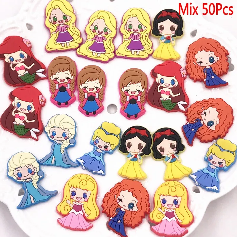 

50Pcs Cinderella Tangled Long Hair Princess Cartoon Elsa PVC Soft Flat Back Accessories DIY Phone Case Shoes Charm Pendant