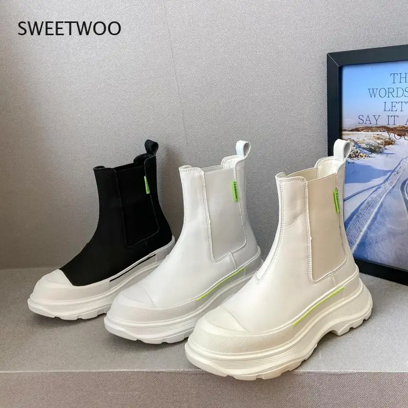 2021 Winter Ankle Boots For Women Platform Boots Chunky Black Leather Brand Fashion White Black Round Toe Boots Shoes Woman