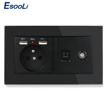 

ESOOLI Glass Panel French Standard Electric Socket with 2 USB + RJ45 Internet Jack and Television Port Power Outlet