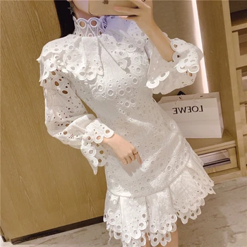 

RUGOD 2020 spring party women dress Elegant stand collar hollow out flare sleeve white dressss vestidsos Fashion irregular rope