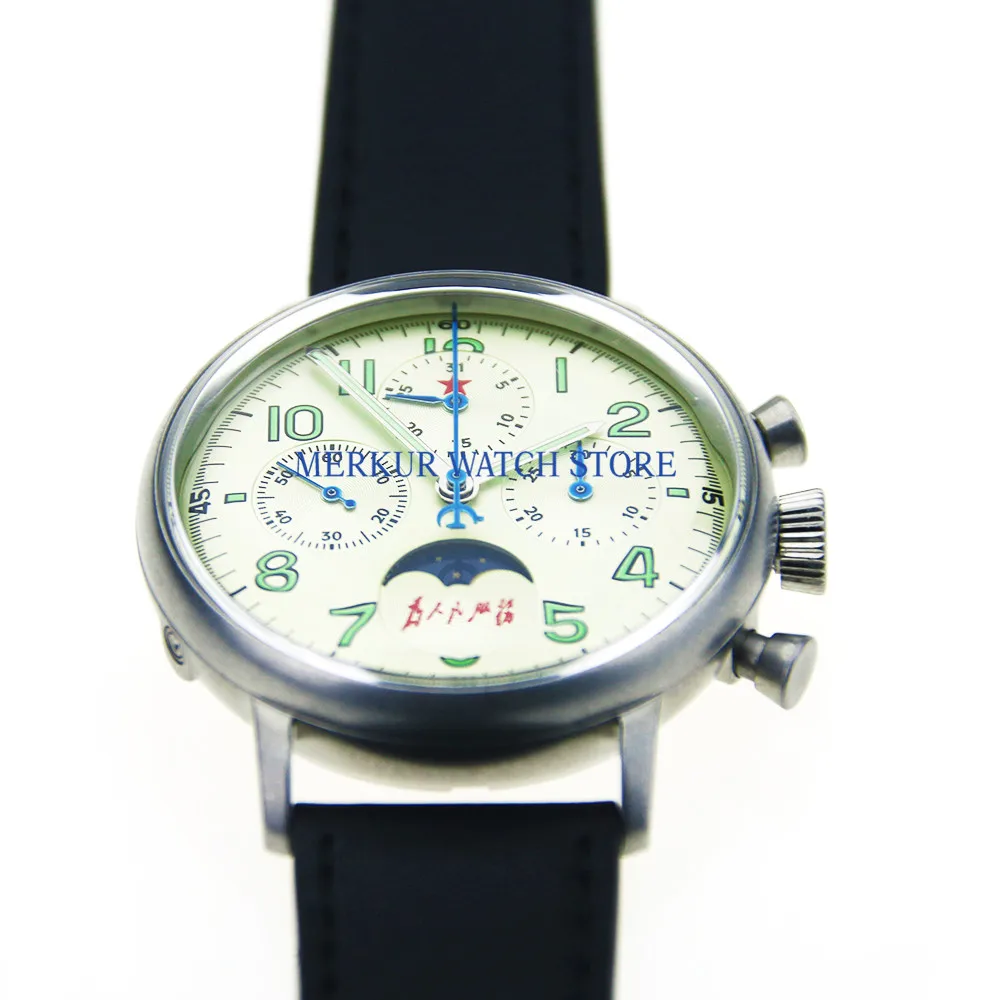 

Red Star Mens Big Pilot Watch Mechanical Chronograph For Seagull Movement Flieger B-uhr Serve the People Moonphase Calendar