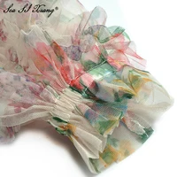 فستان شبكي ربيعي مصمم على الموضة من Seasixiang فستان شبكي نسائي بياقة على شكل فانوس بأكمام متتالية مكشكشة مطبوع عليه زهور فساتين للعطلات 1