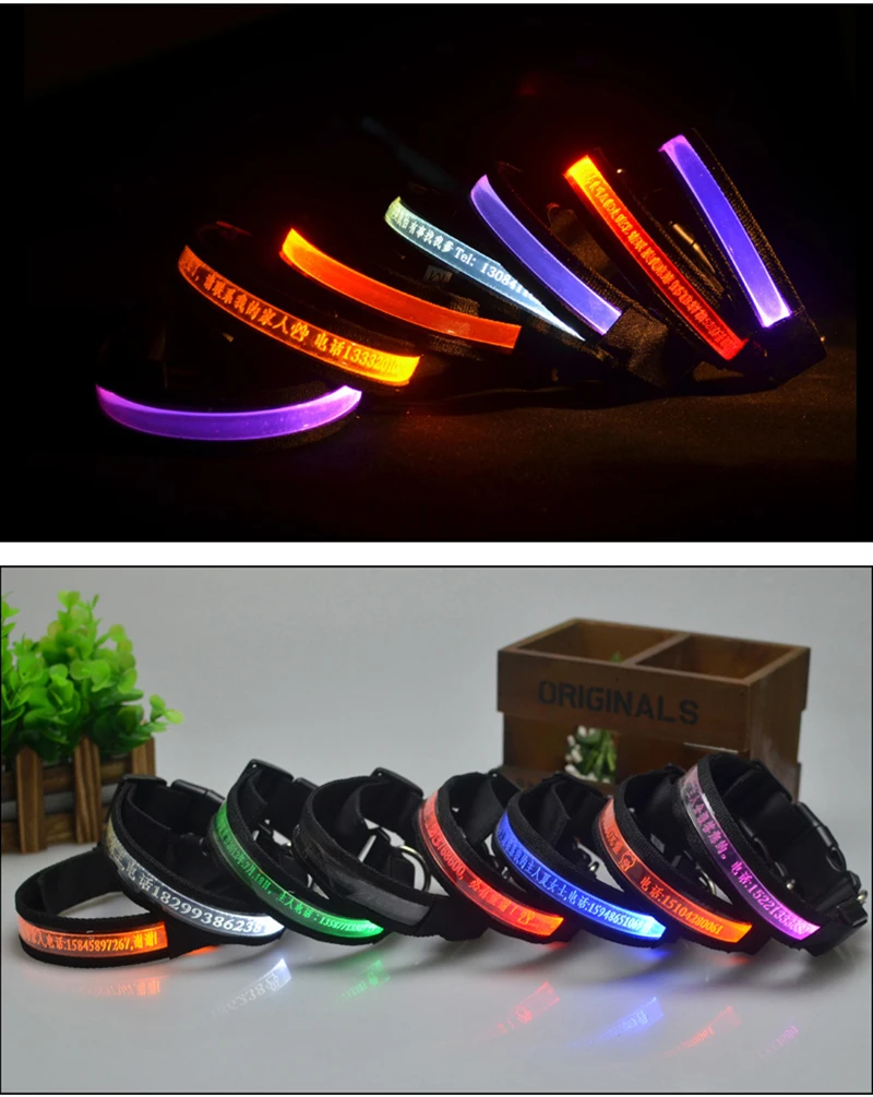 Engraved ID LED Dog Collar Luminous USB Custom Dog Tag Personalized Nylon Pet Dog Collar Led USB Light Night Safety Collar Perro