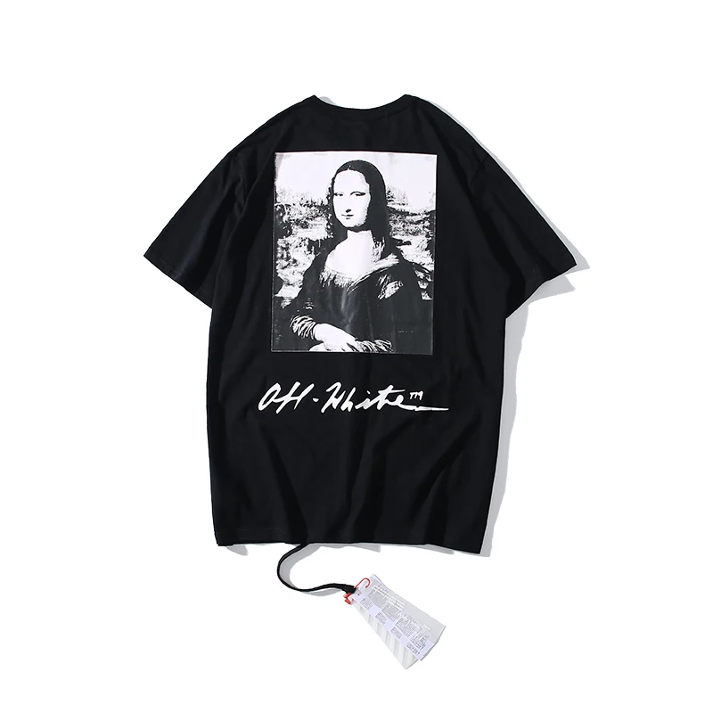 Mona Lisa 19ss Off-White OW мужские/женские модные модели унисекс для влюбленных пар хлопковая Повседневная футболка с коротким рукавом и круглым вырезом - Цвет: Black