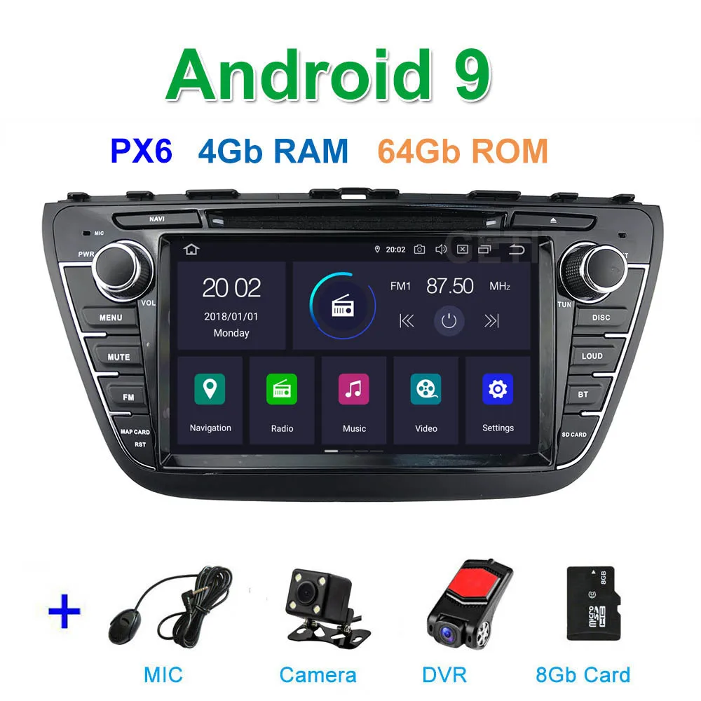 PX6 Автомобильный DVD стерео Мультимедиа Радио Android 9 для Suzuki SX4 S Cross - Цвет: PX6 CAM DVR SD