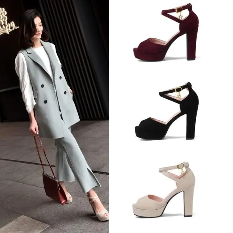 

2019 Summer Sandals Ultra-High-Heel Youth Straight Line Buckle Peep-Toe Suede
