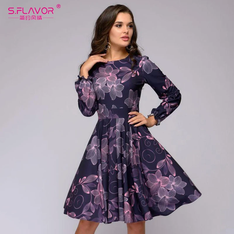 S.FLAVOR Women printing A-line dress Elegant purple color long sleeve short dress New Spring Summer vintage vestidos