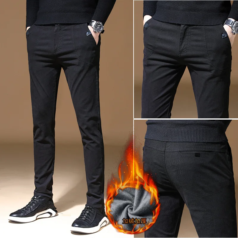 Long Pants Fashion Winter Thermal Cotton Masculino Keep Warm Slim Men's Trousers Thick Pencil Pants Business Casual Male MOOWNUC