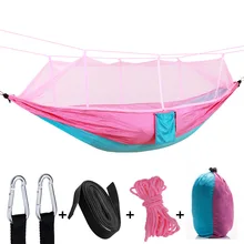 Double hamac de Camping avec moustiquaire, extérieur léger en Nylon, tissu Parachute multifonctionnel avec sangles d'arbre