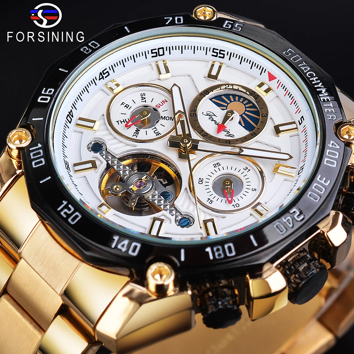 

Forsining Golden Tourbillon Male Mechanical Watch Automatic Moon Phase Date Casual Sport Stainless Steel Band Clock Montre Homme