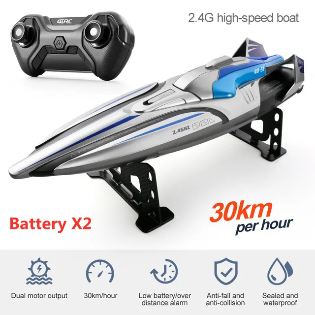 2.4Ghz Speedboat 4CH Remote Control high speed Boat 30km/H Dual Motors Rechargeable Sealed Waterproof Anti-Collision airship toyGray