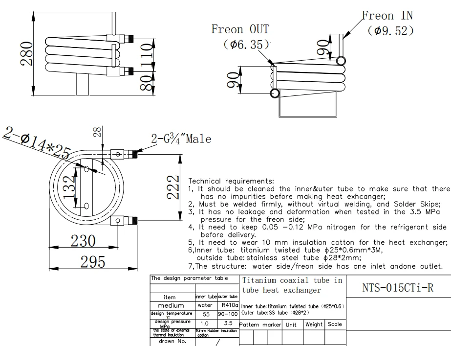 1.5hp Titanium Twisted Tube in Stainless Steel Coaxial Condenser, Seawater Condenser Heat Exchanger