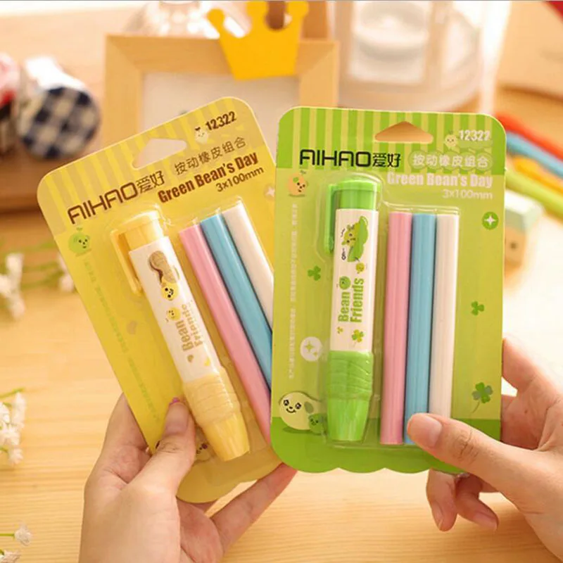 One Pack=1 Machine + 3 Refill Korea Pushable Eraser With Refill