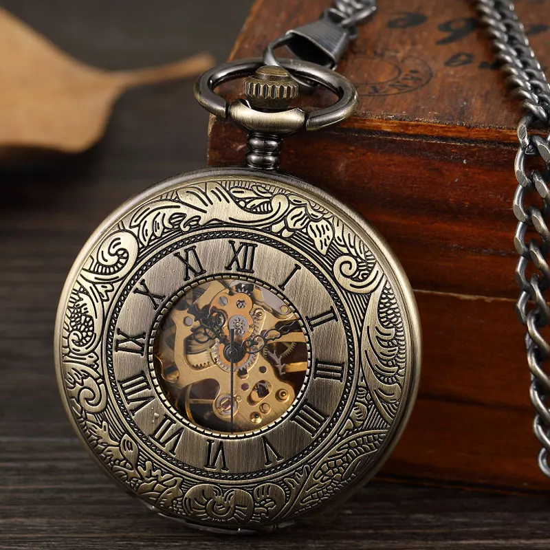 Vintage Exquisite Carving Roman Dial Mechanical Pocket Watch Chain Men Double-sided Hollow Skeleton Steampunk Pocket Watch Gift