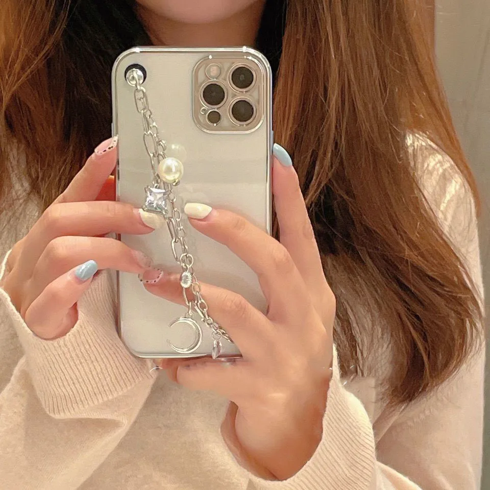 Elegant Bling Crystal Wrist Chain Phone Case with 6D Plating Pearls