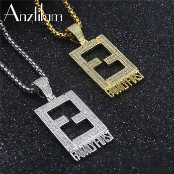 

New Arrival Hip Hop Popular Gold Color Iced Out FF Family First Letters Pendants Necklace for Women Rapper Men ’s Jewelry Gifts
