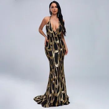 

2019 Celebrity Backless Flare Sequined Halter Dress Sexy Women Sleeveless Bandage Night Club Body con Party Dresses Wholesale