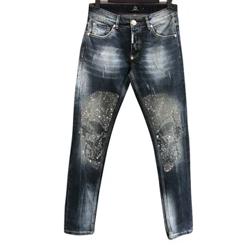 

diamond pp Original skull four season jeans car red thread popular embroidered leather label casual slim elastic