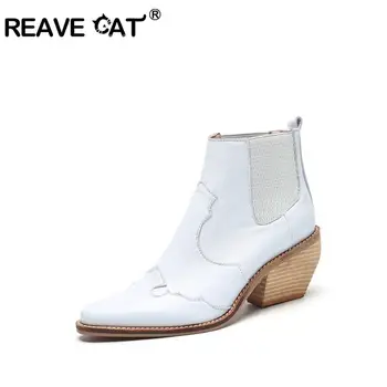 

REAVE CAT 2020 New Genuine Leather Chelsea Boots Block Heels ankle booties elastic band slip on winter shoes white black red