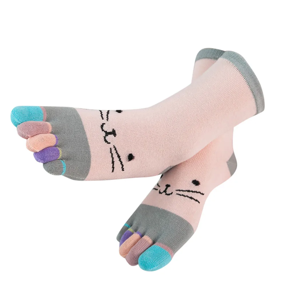 Женские зимние хлопковые мягкие носки до щиколотки, цветные носки с лоскутами, забавные носки с милым мультяшным принтом, носки с пятью пальцами, calcetines# C