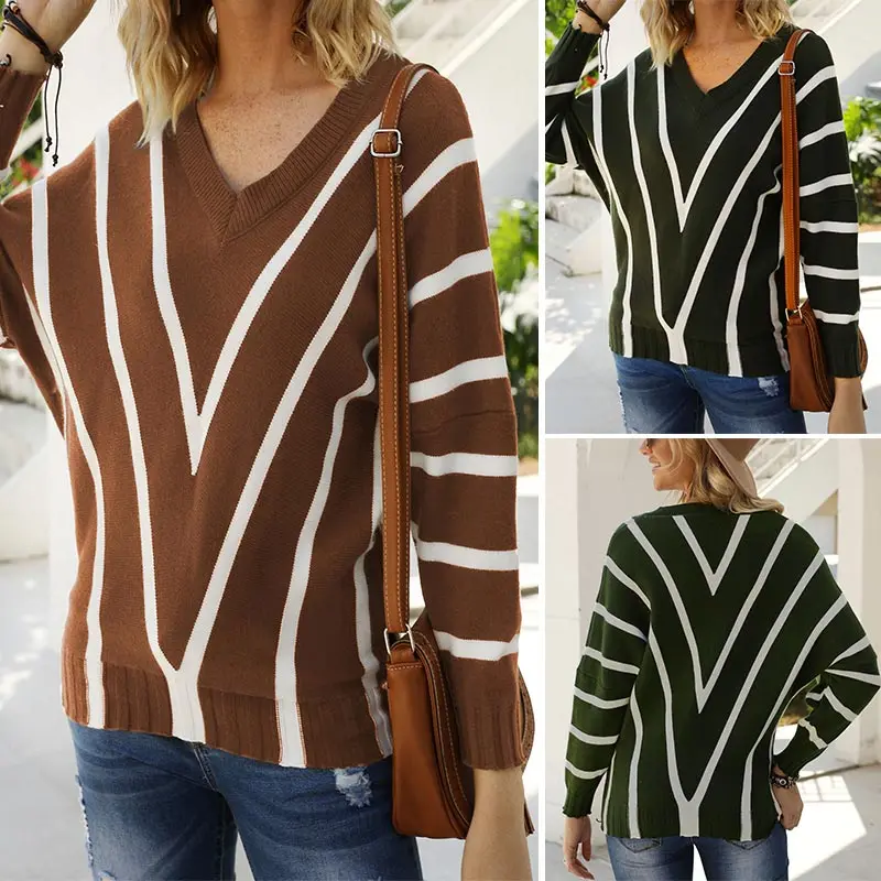 

Striped Long Sleeve Sweater Women V-Neck Loose Pullover Sweater Tops Autumn Winter Knitted Sweaters