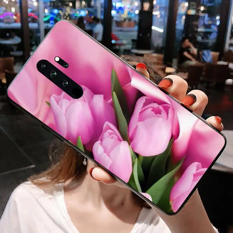 cases for xiaomi blue HUAGETOP Hoa Tulip Hoa Mùa Xuân Đen Silicone Ốp Lưng Điện Thoại Redmi Note 9 8 8T 8A 7 6 6A Đi max Pro Redmi 9 K20 4X xiaomi leather case card Cases For Xiaomi