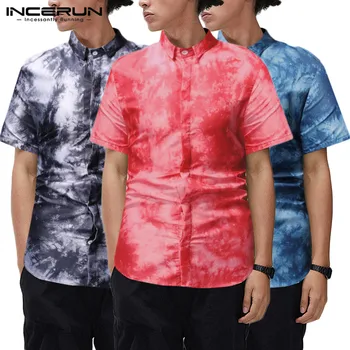 

INCERUN Men Printed Short Sleeve Shirts Man Turn Down Collar Breathable Shirt Casual Ethnic Dye Blouse Vintage Cotton Loose Tops