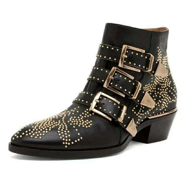 

Floral Rivets Woman Short Boot Three Buckle Metal Botas Plus Size 35-42 Genuine Leather Pointed Toe Punk Girl Buckle Ankle Boots