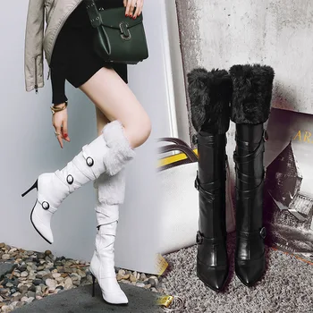 

OLOMLB Womens Pointy Toe Belt Buckle Real Rabbit Fur Knee Thigh High Boots Stilettos Heel Shoes Thick Winter Snow Plus Size New