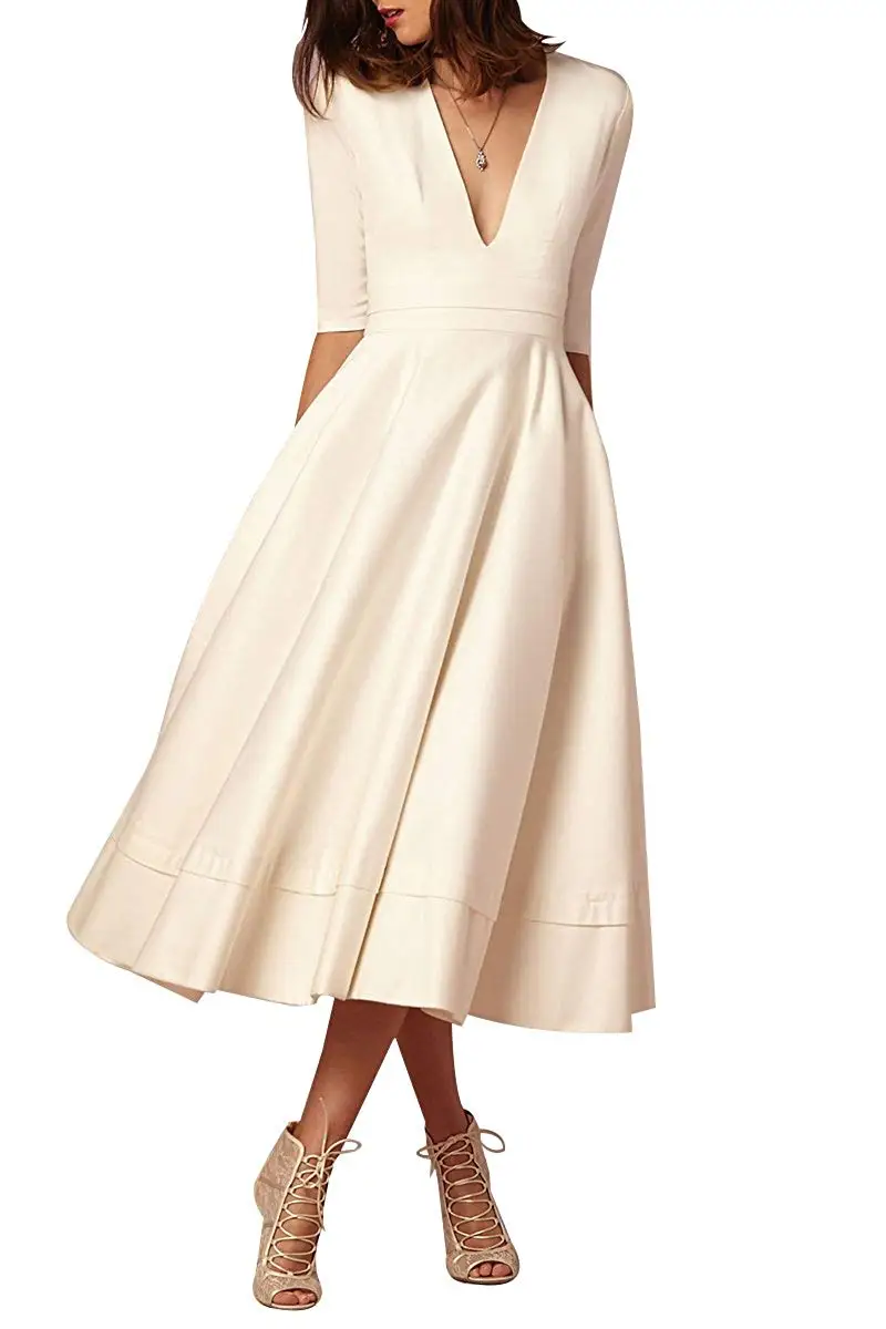 

LSH6017 Women's Elegant Cocktail Dress Deep V Neck Sleeve Pleated Dress