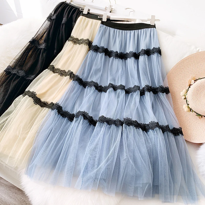 

Wasteheart Spring New Black Blue Khaki Women Skirts Mesh Lace High Waist A-Line Ankle Length Skirts Ball Gown Clothing Plus Size