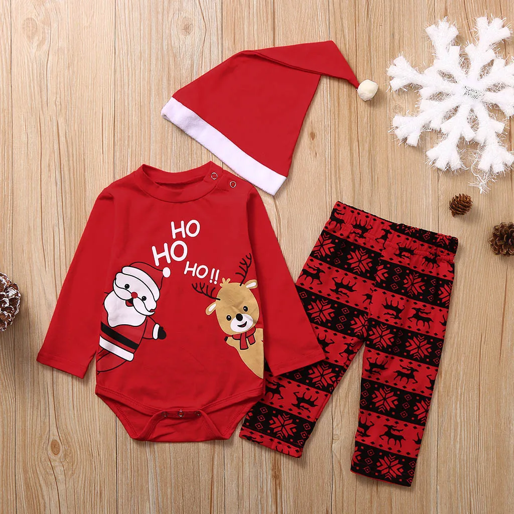 

Toddler Clothing Set Baby Boy Girl Christmas Santa Romper Bodysuit+Cartoon Pants+Hat Outfits Fashion Autumn Winter Costume
