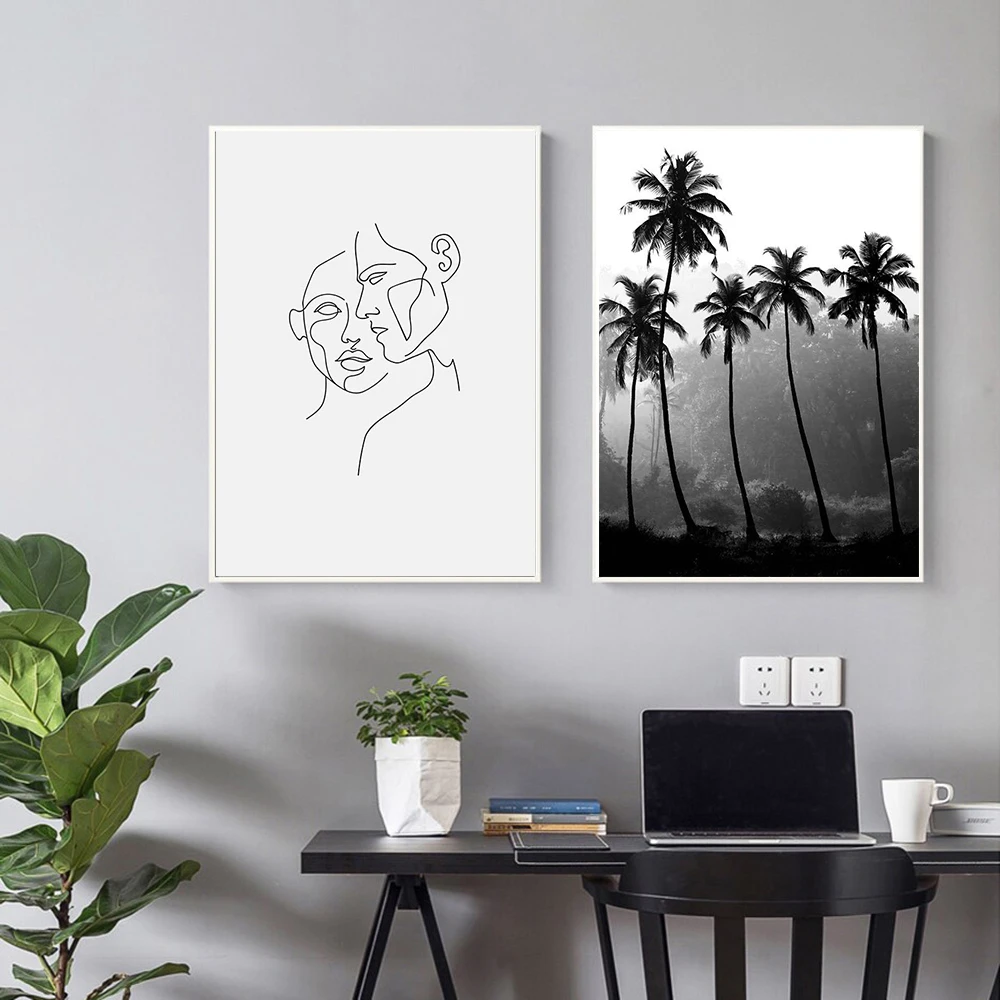 Black White Coconut Tree Poster Line Face Draw Art Nordic Wall Painting Print Minimalist Decoration Picture Living Room Painting Calligraphy Aliexpress