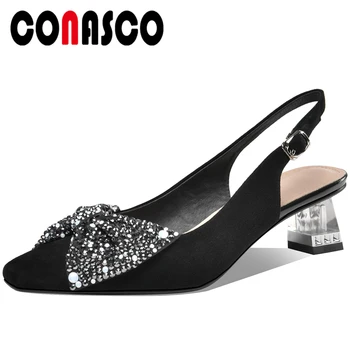 

CONASCO Women Pumps Kid Suede Spring Summer Wedding Casual Butterfly-Knot Rhinestone High Heels Fashion Slingbacks Shoes Woman