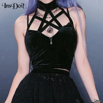 

InsDoit Sexy Black Bodycon Camis Top Women Gothic Streetwear Pentagram Hollow Out Halter Crop Tank Top Harajuku Backless Summmer