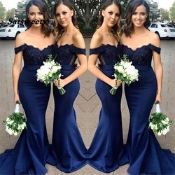 Navy Blue Mermaid Bridesmaid Dresses Off Shoulder Chiffon Satin Garden Wedding Guest Party Dresses Boho Maid Of Honor Prom Gowns