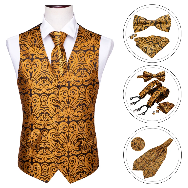

Barry.Wang Mens Waistcoat Necktie Pocket Square Vest Suit Set Gold Bowtie Silk Ascot Tie Cravat Suspenders for Wedding Party