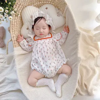 

Newborn Baby Girls Long Sleeve Ruffles Floral Print Princess Party Bodysuits Infant Kids Cotton Jumpsuits Toddler Outfits + Hat