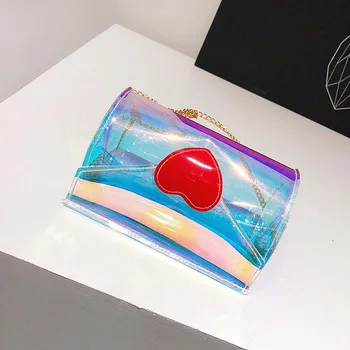 

Red Hearts Laser Transparent Fashion Korean Style Shoulder Bag Large Capacity Square Messenger PVC Waterproof Beach Bags Woman