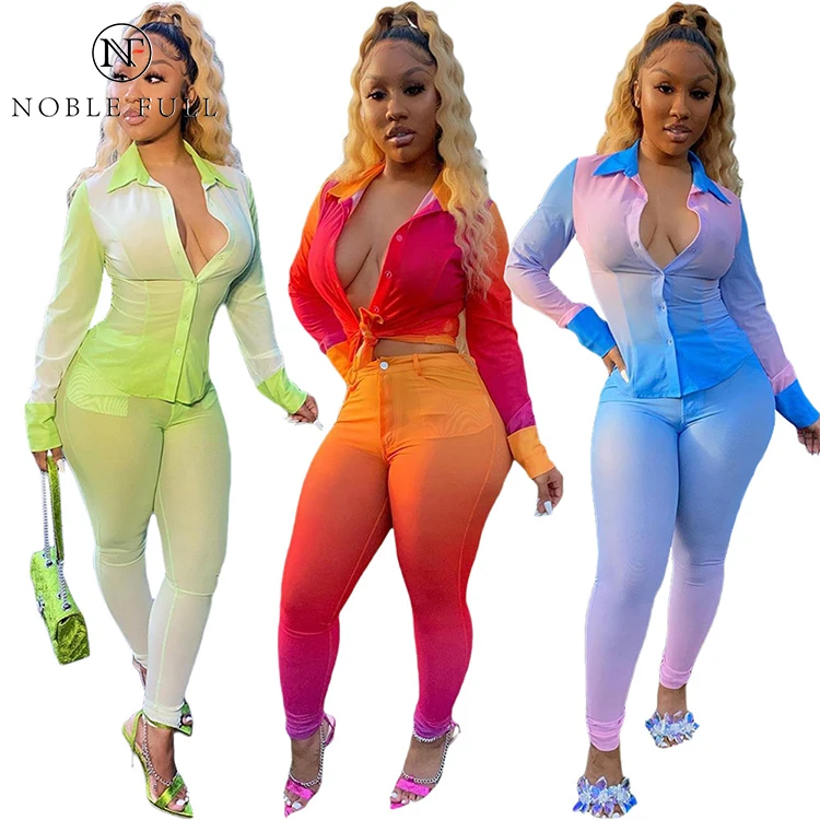 

New Style Set Casual Gradient Solid Color Slim Long Sleeves Top Pants Women Tight Two Piece Set